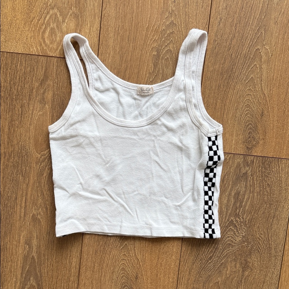 Brandy Melville White Tank Top with Black Checkered Detail